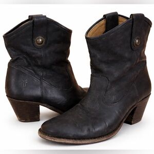 Frye Black Leather Western‎ Ankle Boots Stacked Heel Boho Festival